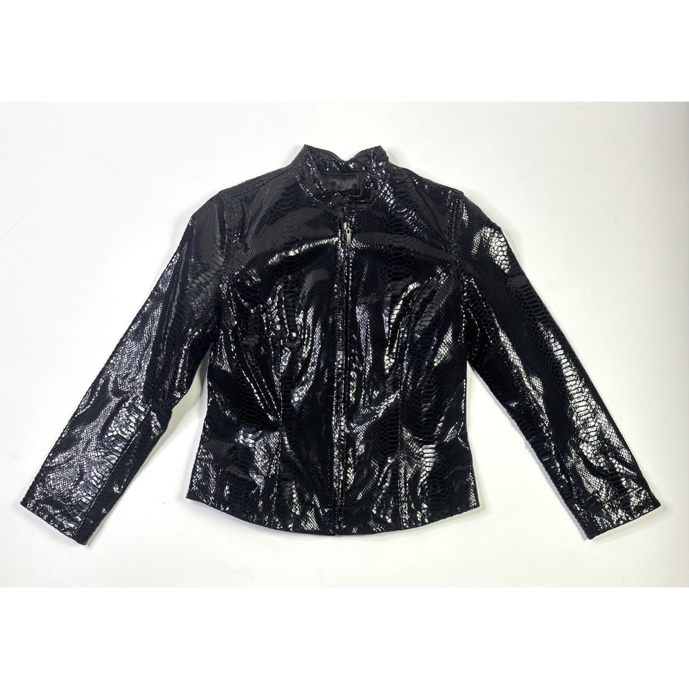 Chico's Leather Jacket Women's 0 Black Snakeskin Zip Front Boa Long Sleeve
